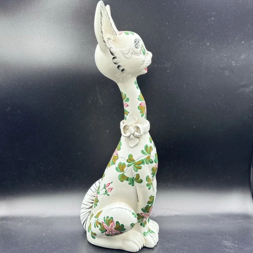 VTG Long Neck Ceramic Cat LARGE Figurine Made Italy‎ 1960s Floral W/Bow Rare 17